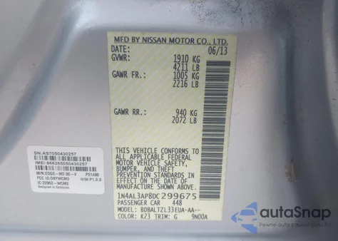 2013 Nissan Altima 2.5 Sv из США, поврежденный, VIN 1N4AL3AP8DC299675